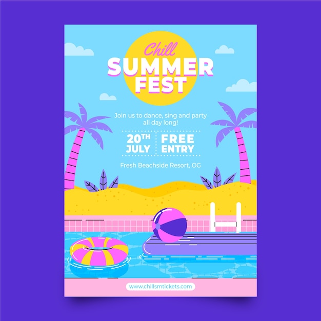 Vettore gratuito modello di poster del festival estivo piatto