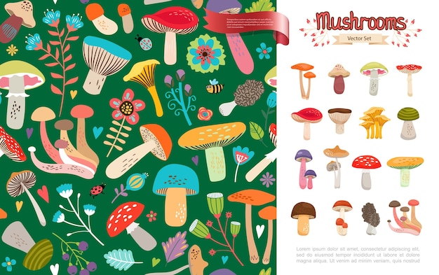 Free vector flat summer forest mushrooms concept