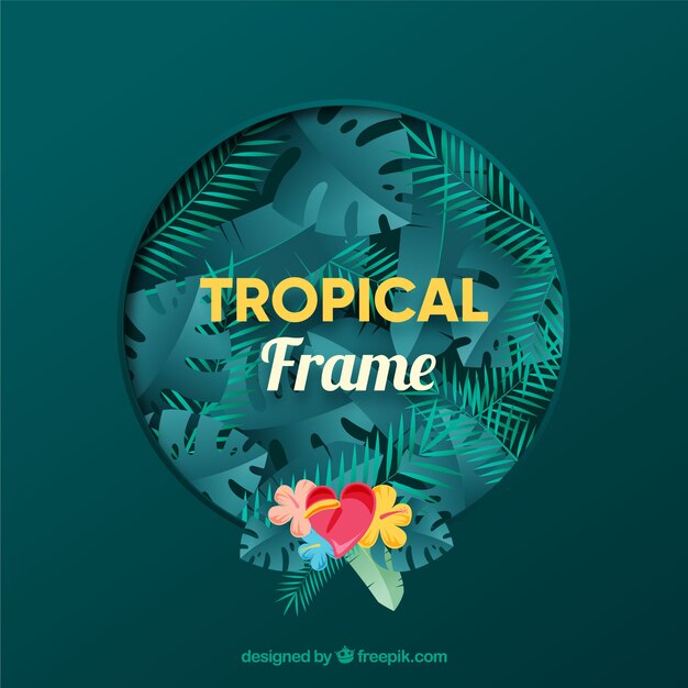 Flat summer frame with tropical leaves