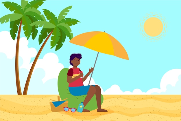 우산 아래 해변에서 여자와 평평한 여름 더위 배경