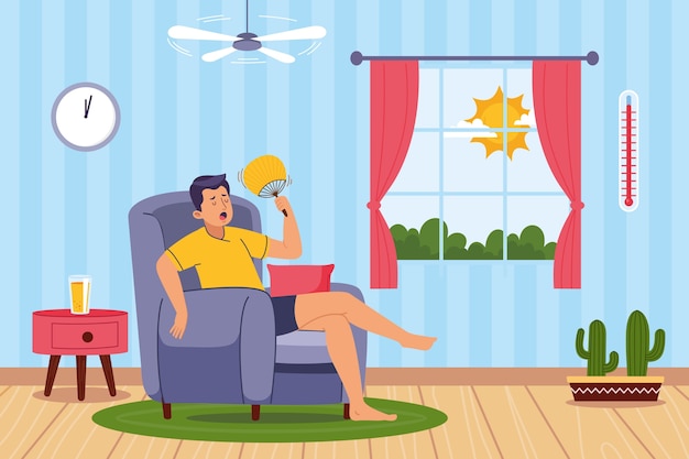 Плоская иллюстрация летней жары с мужчиной дома, сидящим в кресле с ручным вентилятором
