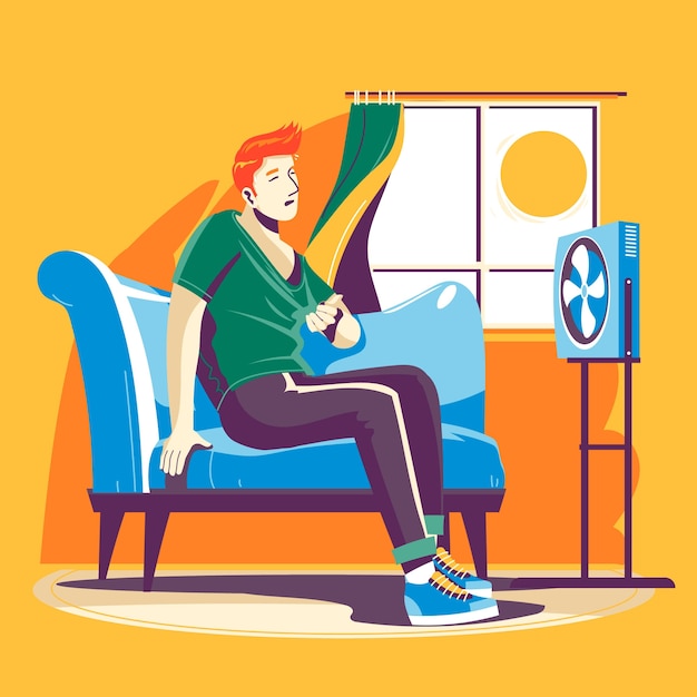 Плоская иллюстрация летней жары с мужчиной на диване в доме