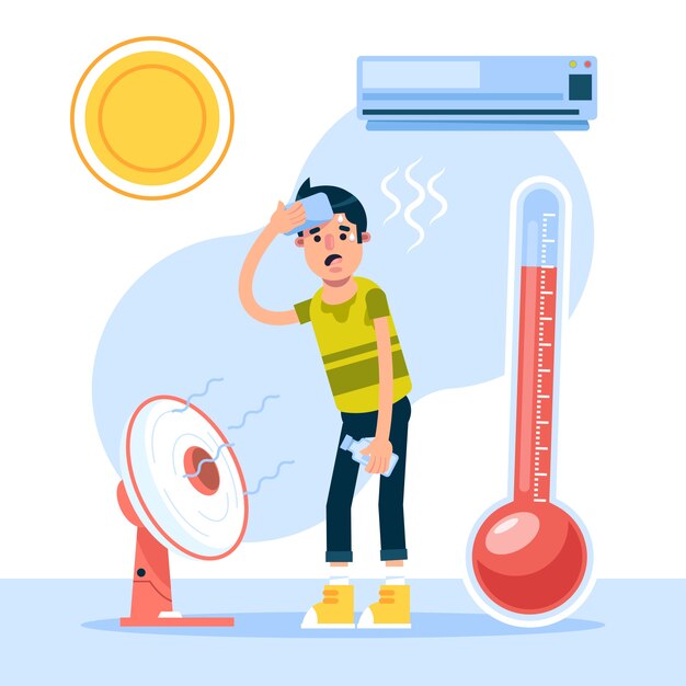 Плоская иллюстрация летней жары с мужчиной перед вентилятором и кондиционером