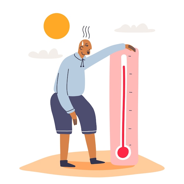 Flat summer heat illustration with man and thermometer