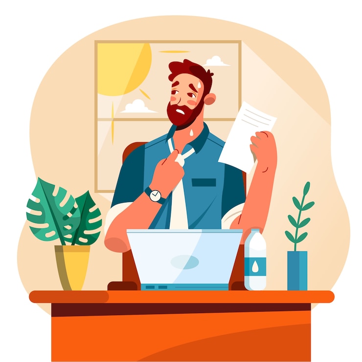 Free Vector flat summer heat illustration with man working in the office