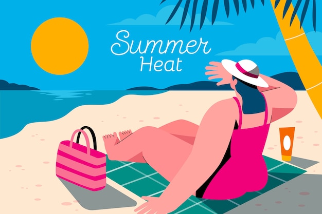 ビーチで女性とフラットな夏の暑さのイラスト