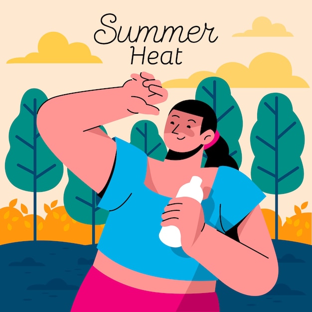 Flat summer heat illustration with woman drinking water from bottle