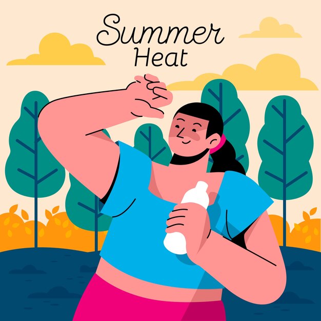 Flat summer heat illustration with woman drinking water from bottle