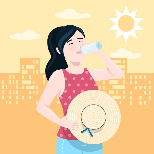 無料ベクター 水を飲む女性とフラットな夏の暑さのイラスト