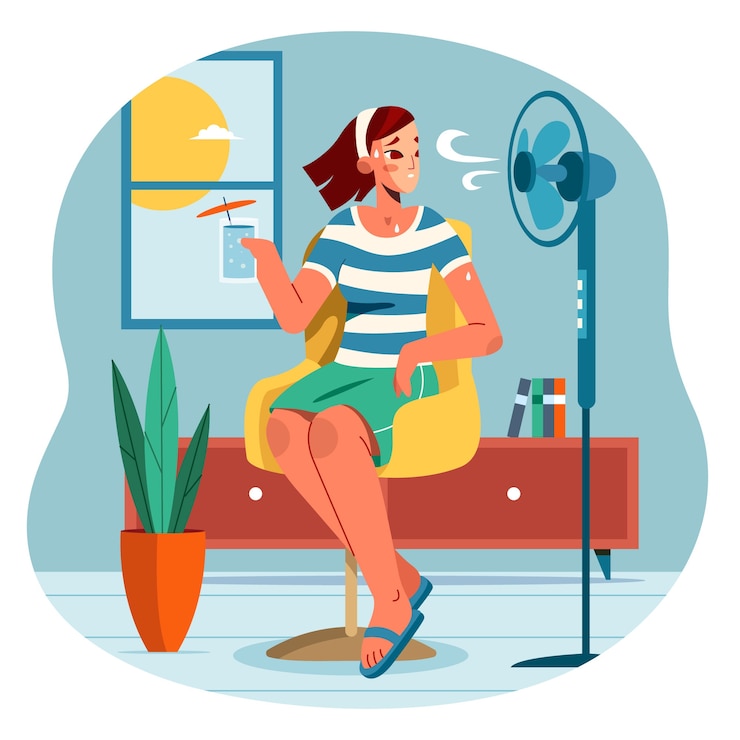 मुफ़्त वेक्टर flat summer heat illustration with woman and fan