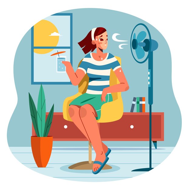 Плоская иллюстрация летней жары с женщиной и вентилятором