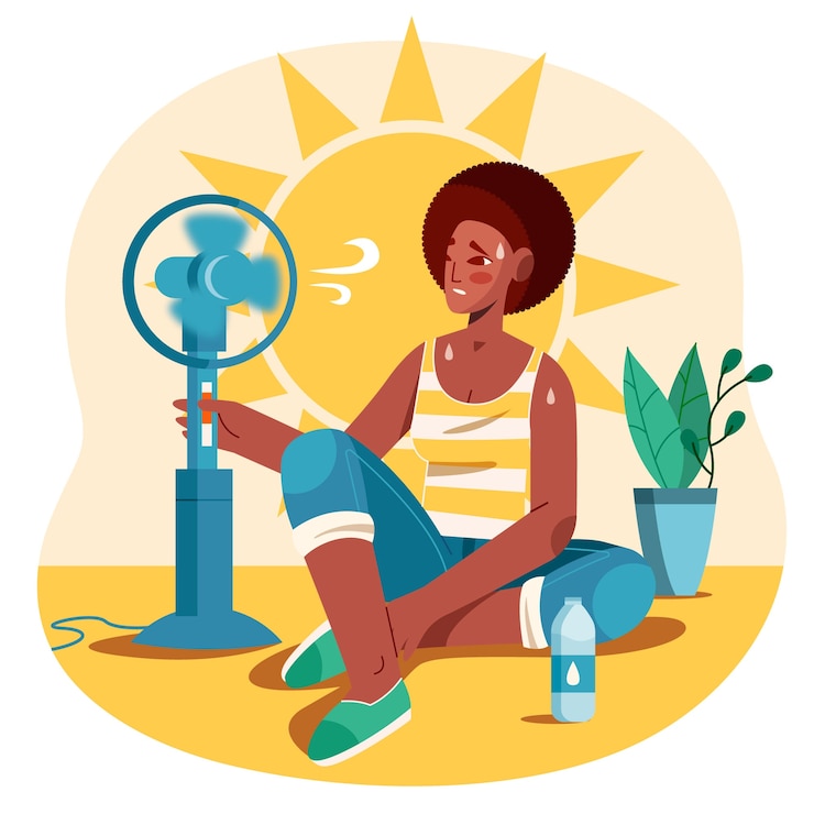 Free Vector flat summer heat illustration with woman and fan