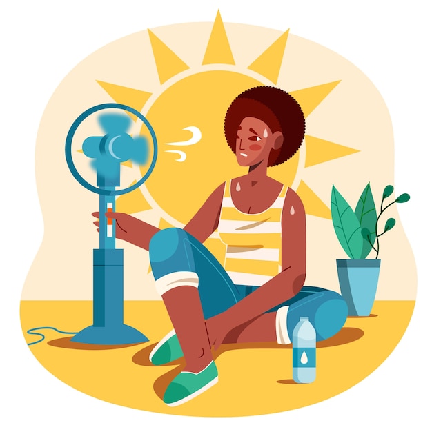 Flat summer heat illustration with woman and fan