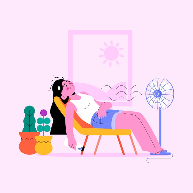Free vector flat summer heat illustration with woman in front of fan