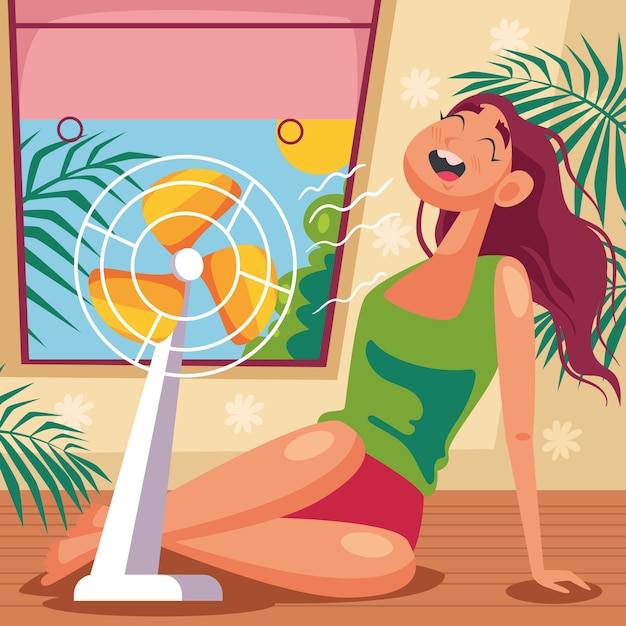 Illustrazione piatta del caldo estivo con una donna davanti al ventilatore