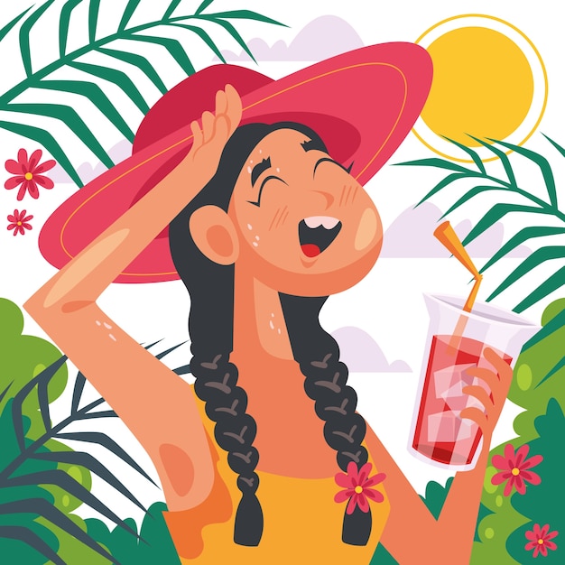 Free vector flat summer heat illustration with woman having a cocktail