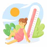 Free vector flat summer heat illustration with woman holding glass of water and thermometer
