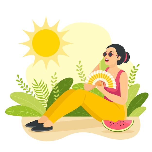 Плоская иллюстрация летней жары с женщиной, держащей веер на солнце