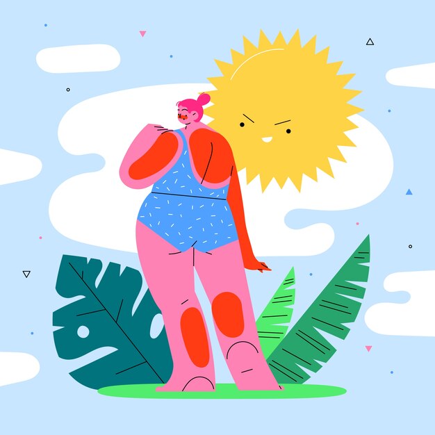 Flat summer heat illustration with woman and leaves