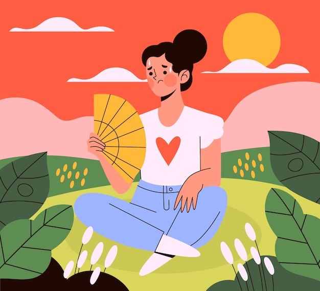 Free vector flat summer heat illustration with woman outdoors with hand fan