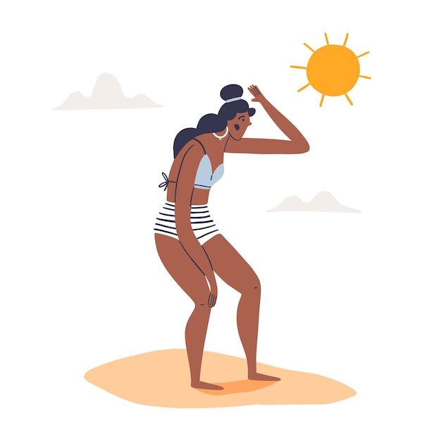 Плоская иллюстрация летней жары с женщиной под солнцем