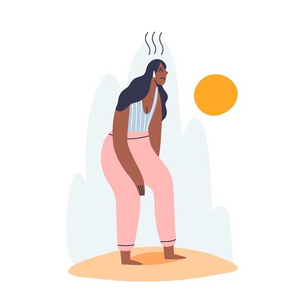 Flat summer heat illustration with woman in the sun