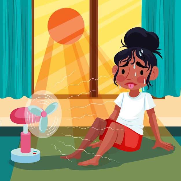 Free vector flat summer heat illustration with woman sweating in front of fan