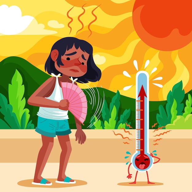 太陽の下で汗をかく女性とフラットな夏の暑さのイラスト
