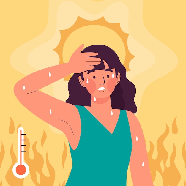 女性と温度計とフラットな夏の暑さのイラスト