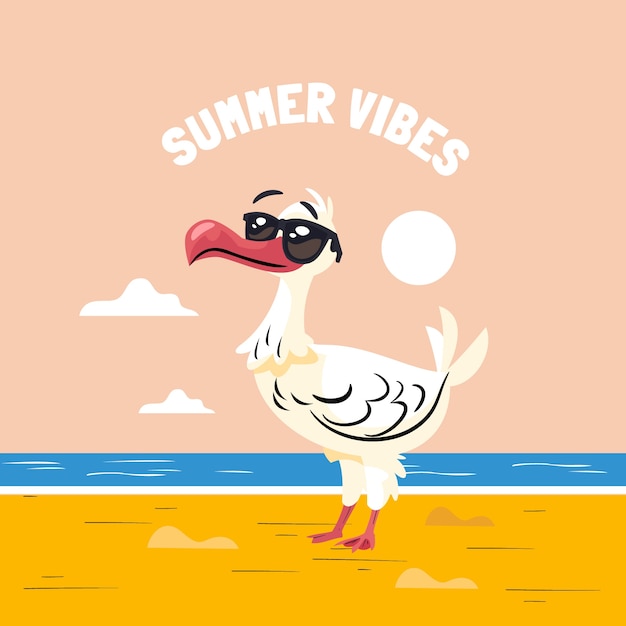 Free vector flat summer illustration with bird on the beach wearing sunglasses