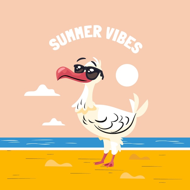 Flat summer illustration with bird on the beach wearing sunglasses