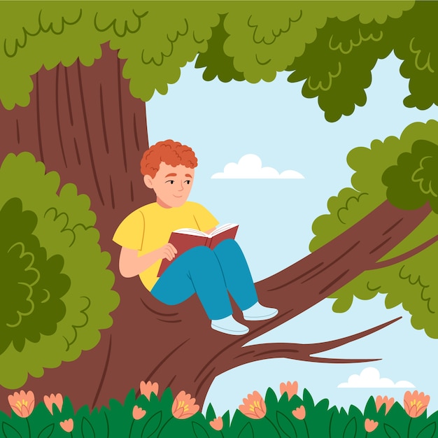 나무에서 책을 읽는 남자와 평평한 여름 그림