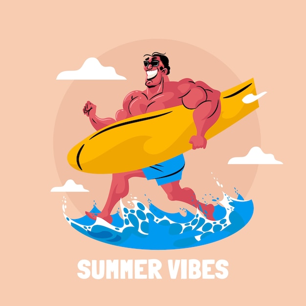 Плоская летняя иллюстрация с мускулистым мужчиной, держащим доску для серфинга