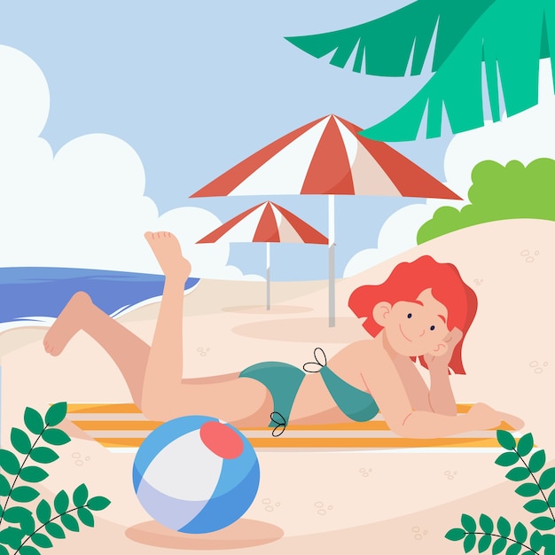 Flat summer illustration with woman on the beach