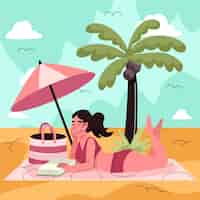 Free vector flat summer illustration with woman reading book at the beach