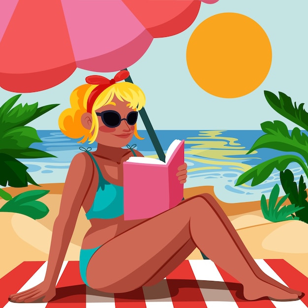 ビーチで本を読んでいる女性とフラットな夏のイラスト