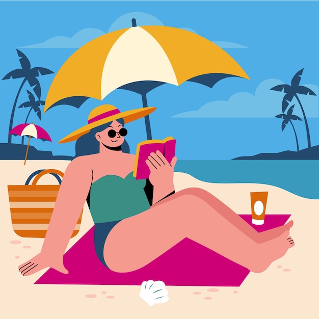 Flat summer illustration with woman reading book at the beach