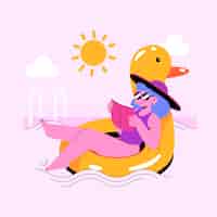 Free vector flat summer illustration with woman reading book on inflatable duck