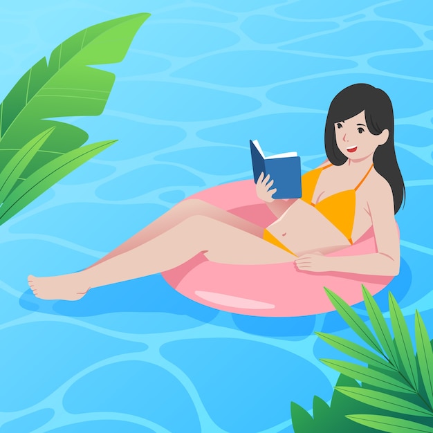 プールで本を読んでいる女性とフラットな夏のイラスト