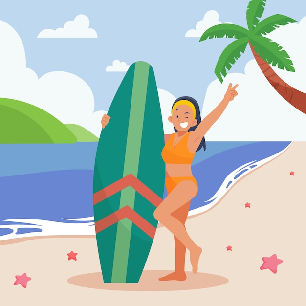 Flat summer illustration with woman showing peace sign and holding surfboard