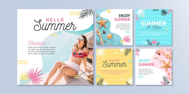 Free vector flat summer instagram posts collection with photo