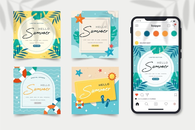 Free vector flat summer instagram posts collection with photo