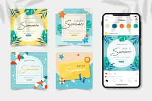 Free vector flat summer instagram posts collection with photo