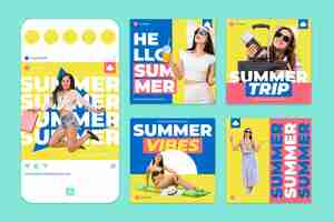 Free vector flat summer instagram posts collection with photo