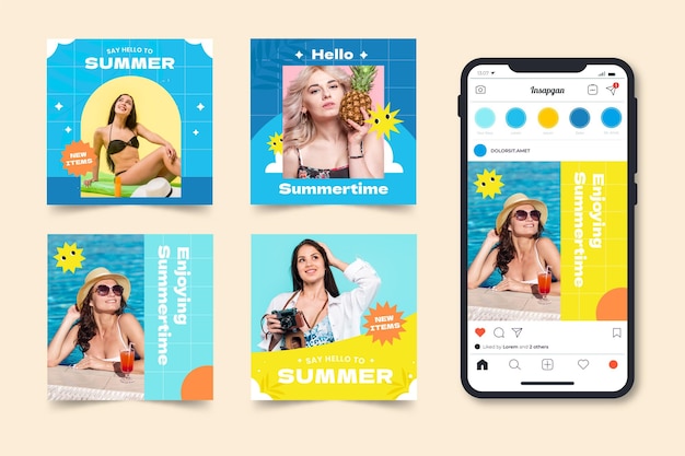 Flat summer instagram posts collection with photo