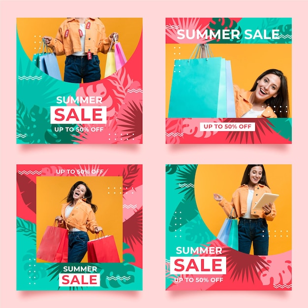 Free vector flat summer instagram posts collection with photo