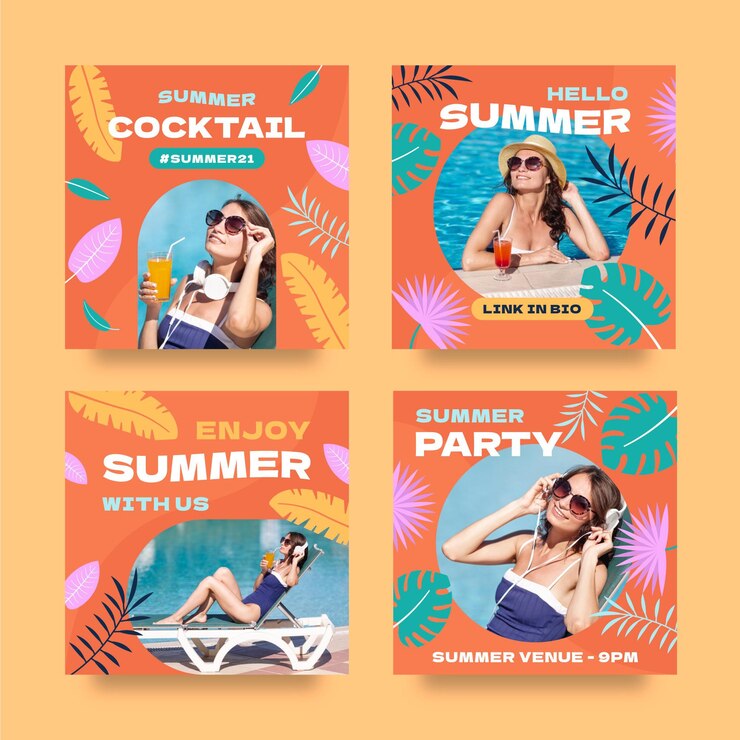 Free Vector flat summer instagram posts collection with photo