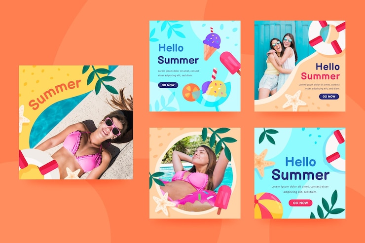 Free Vector flat summer instagram posts collection with photo