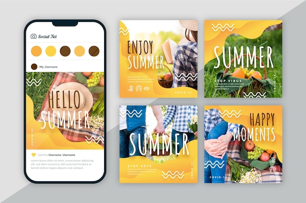 Free vector flat summer instagram posts collection with photo