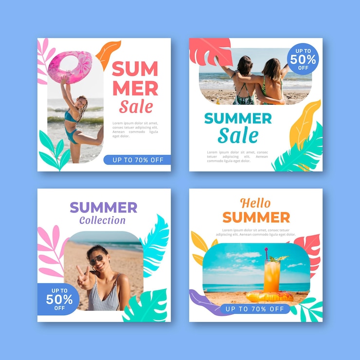 Free Vector flat summer instagram posts collection with photo